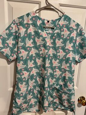 Teal Floral Bird Print Scrub Top size L